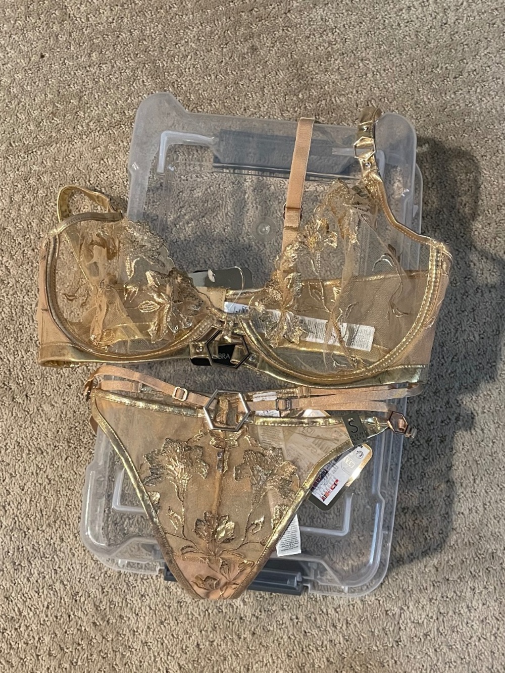 Viva Couture Gold Metallic Floral Lace Bra & Thong Lingerie Set New